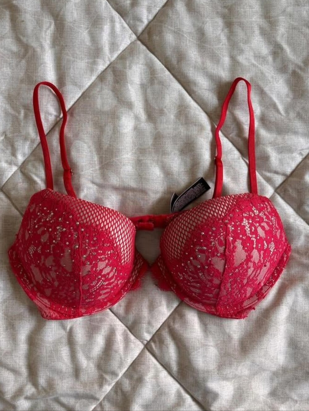 Victoria's Secret Coral Lace Push Up 34C Demi Bra/Embellished Mesh/SparklinBeads